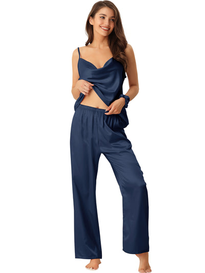 Womens Satin Sleepwear Cowl Neck Cami Top with Long Pant PJ Loungewear Silky Pajama Set