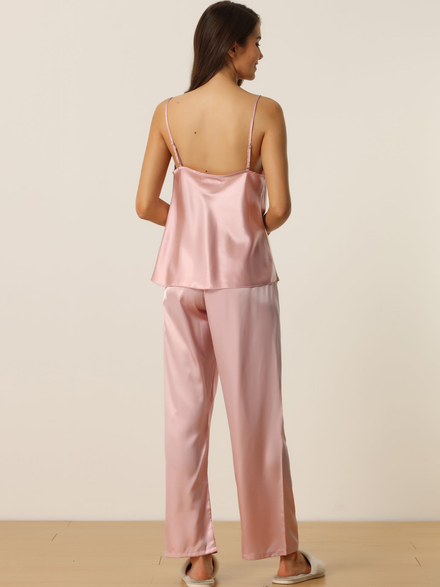 Bublédon Womens Satin Sleepwear Cowl Neck Cami Top with Long Pant PJ Loungewear Silky Pajama Set