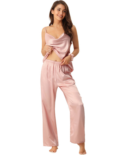 Womens Satin Sleepwear Cowl Neck Cami Top with Long Pant PJ Loungewear Silky Pajama Set