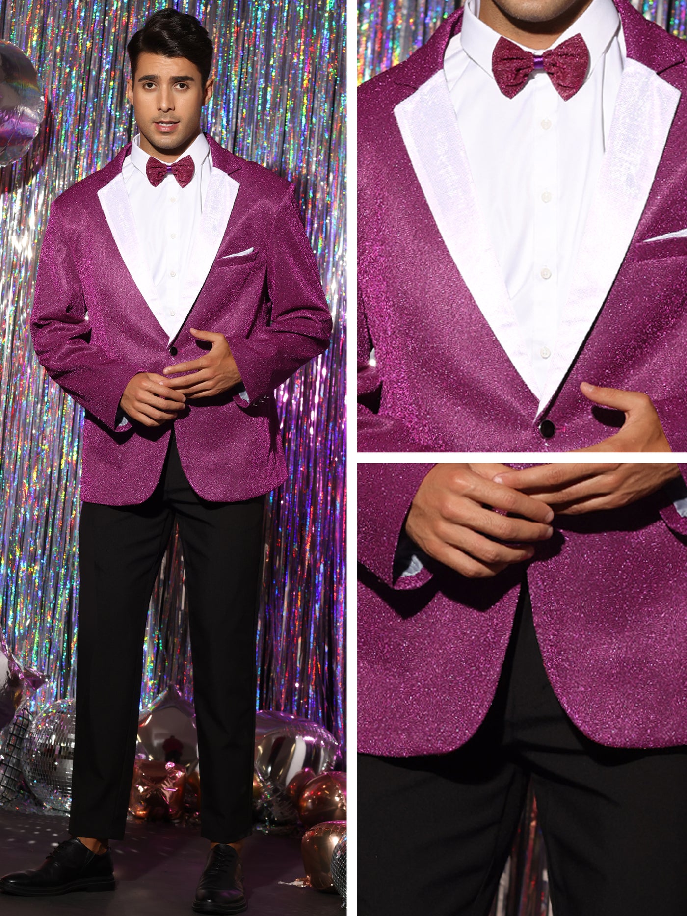 Bublédon Sparkle Blazer with Bow-tie for Men's Notch Lapel Prom Party Sport Coats