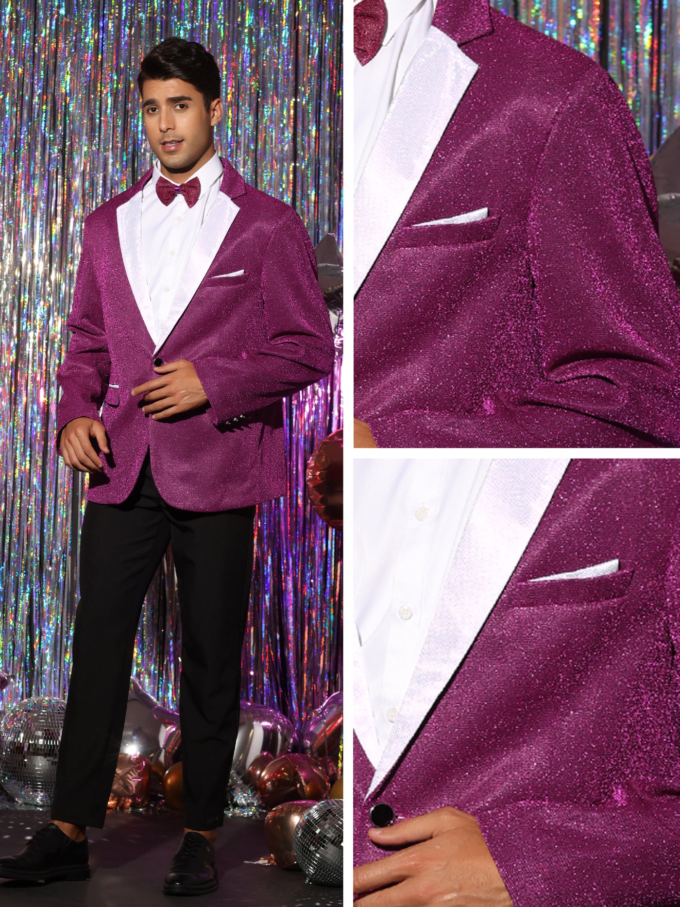 Bublédon Sparkle Blazer with Bow-tie for Men's Notch Lapel Prom Party Sport Coats