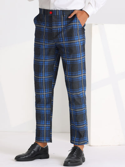 Color Block Plaid Pants for Men's Slim Fit Flat Front Formal Checked Trousers