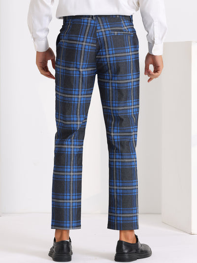 Color Block Plaid Pants for Men's Slim Fit Flat Front Formal Checked Trousers