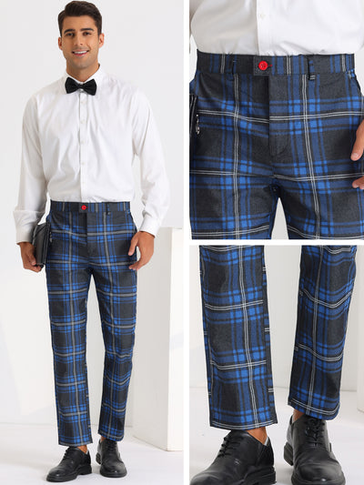 Color Block Plaid Pants for Men's Slim Fit Flat Front Formal Checked Trousers