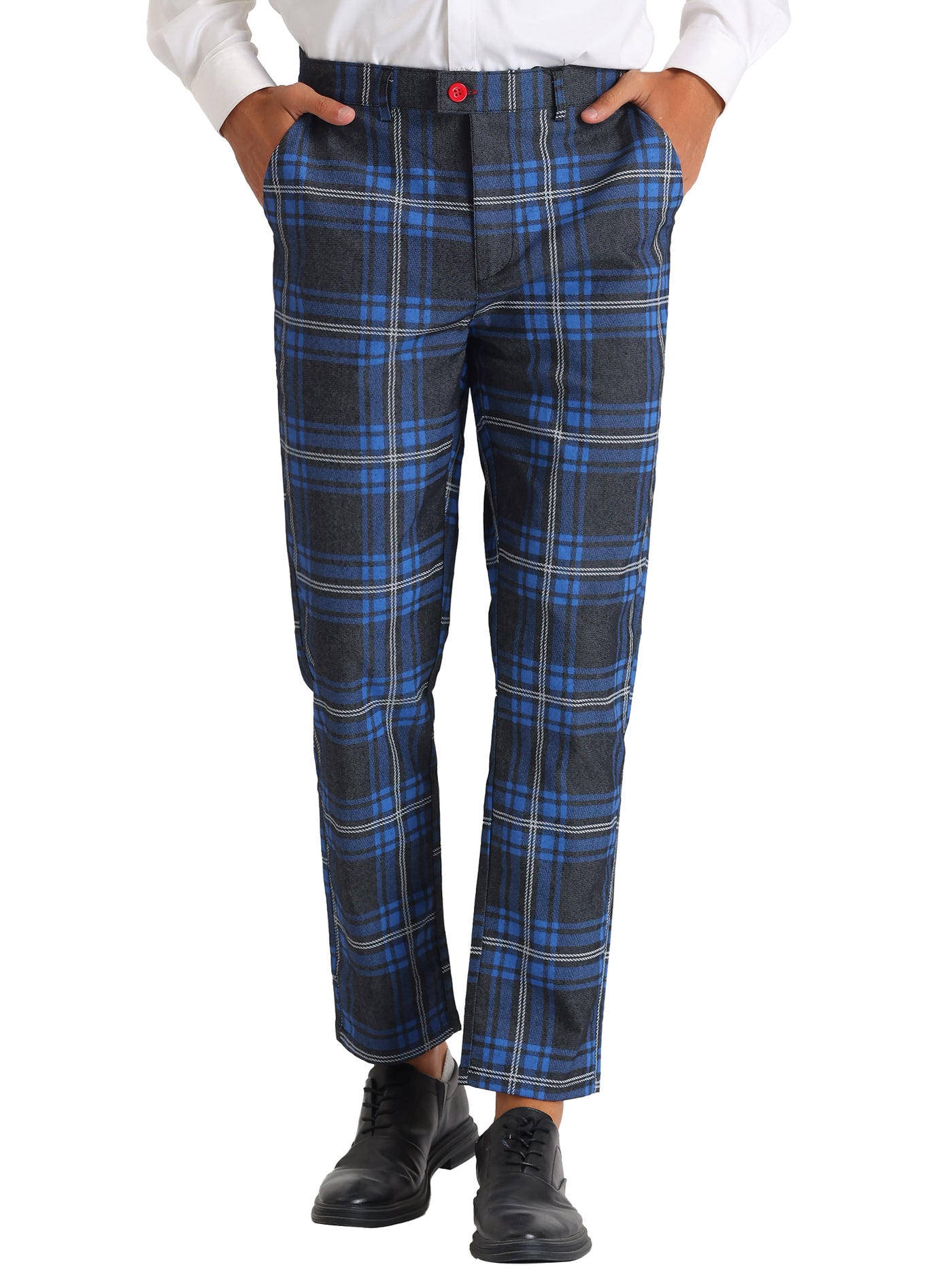 Bublédon Color Block Plaid Pants for Men's Slim Fit Flat Front Formal Checked Trousers