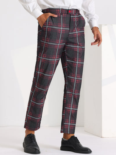 Bublédon Color Block Plaid Pants for Men's Slim Fit Flat Front Formal Checked Trousers