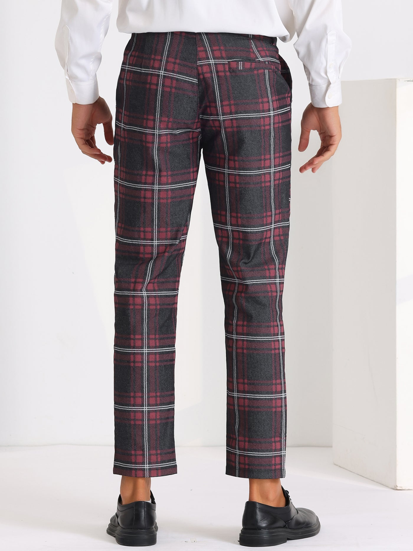 Bublédon Color Block Plaid Pants for Men's Slim Fit Flat Front Formal Checked Trousers