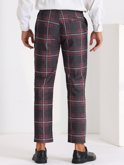 Color Block Plaid Pants for Men's Slim Fit Flat Front Formal Checked Trousers