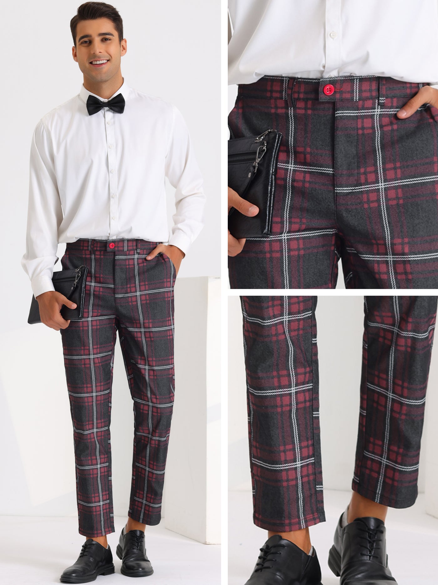 Bublédon Color Block Plaid Pants for Men's Slim Fit Flat Front Formal Checked Trousers