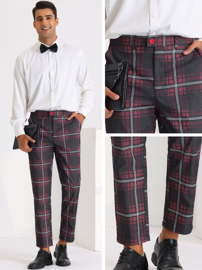 Color Block Plaid Pants for Men's Slim Fit Flat Front Formal Checked Trousers