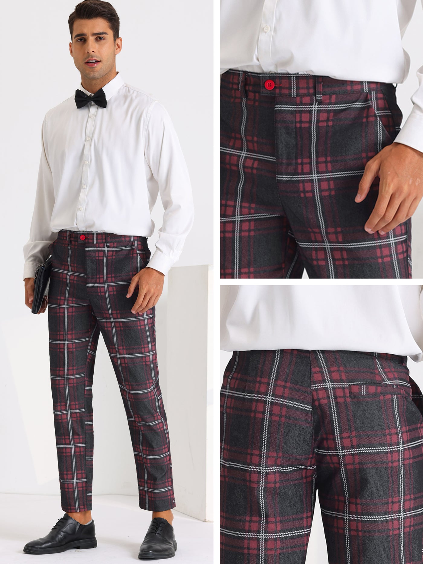 Bublédon Color Block Plaid Pants for Men's Slim Fit Flat Front Formal Checked Trousers