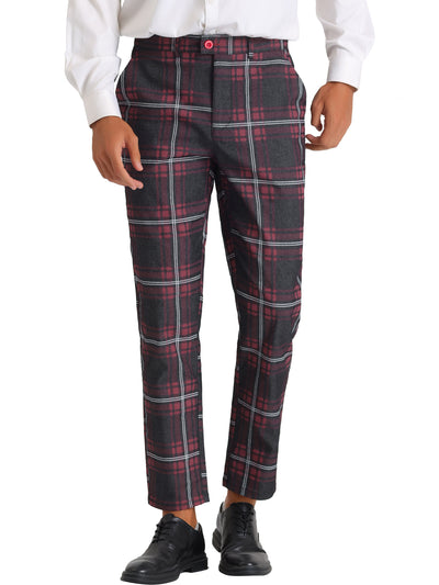 Color Block Plaid Pants for Men's Slim Fit Flat Front Formal Checked Trousers