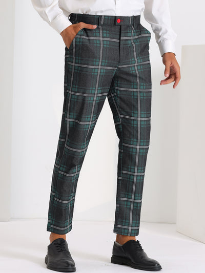 Color Block Plaid Pants for Men's Slim Fit Flat Front Formal Checked Trousers