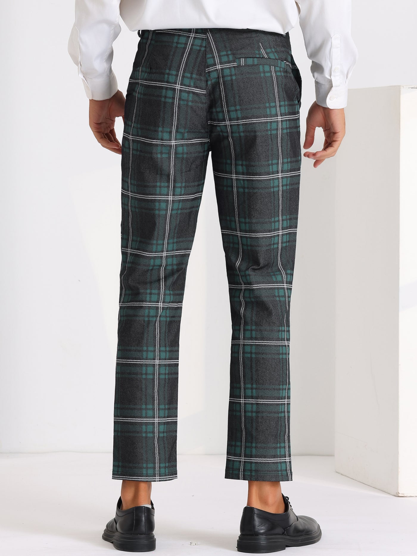 Bublédon Color Block Plaid Pants for Men's Slim Fit Flat Front Formal Checked Trousers