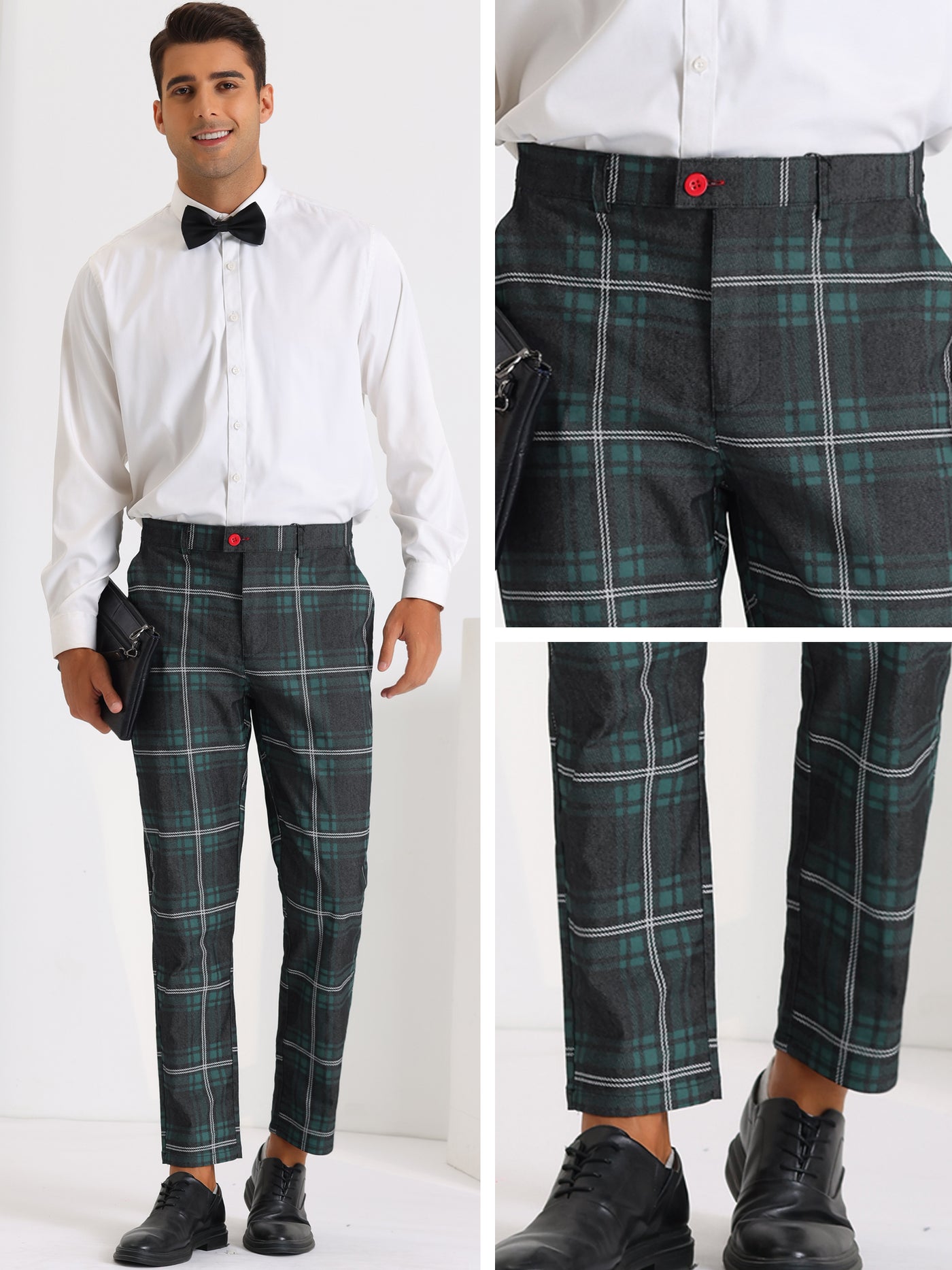 Bublédon Color Block Plaid Pants for Men's Slim Fit Flat Front Formal Checked Trousers