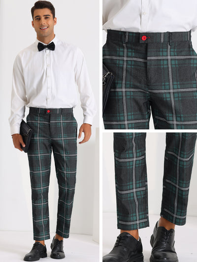 Color Block Plaid Pants for Men's Slim Fit Flat Front Formal Checked Trousers