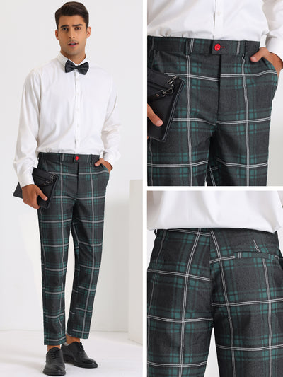 Color Block Plaid Pants for Men's Slim Fit Flat Front Formal Checked Trousers