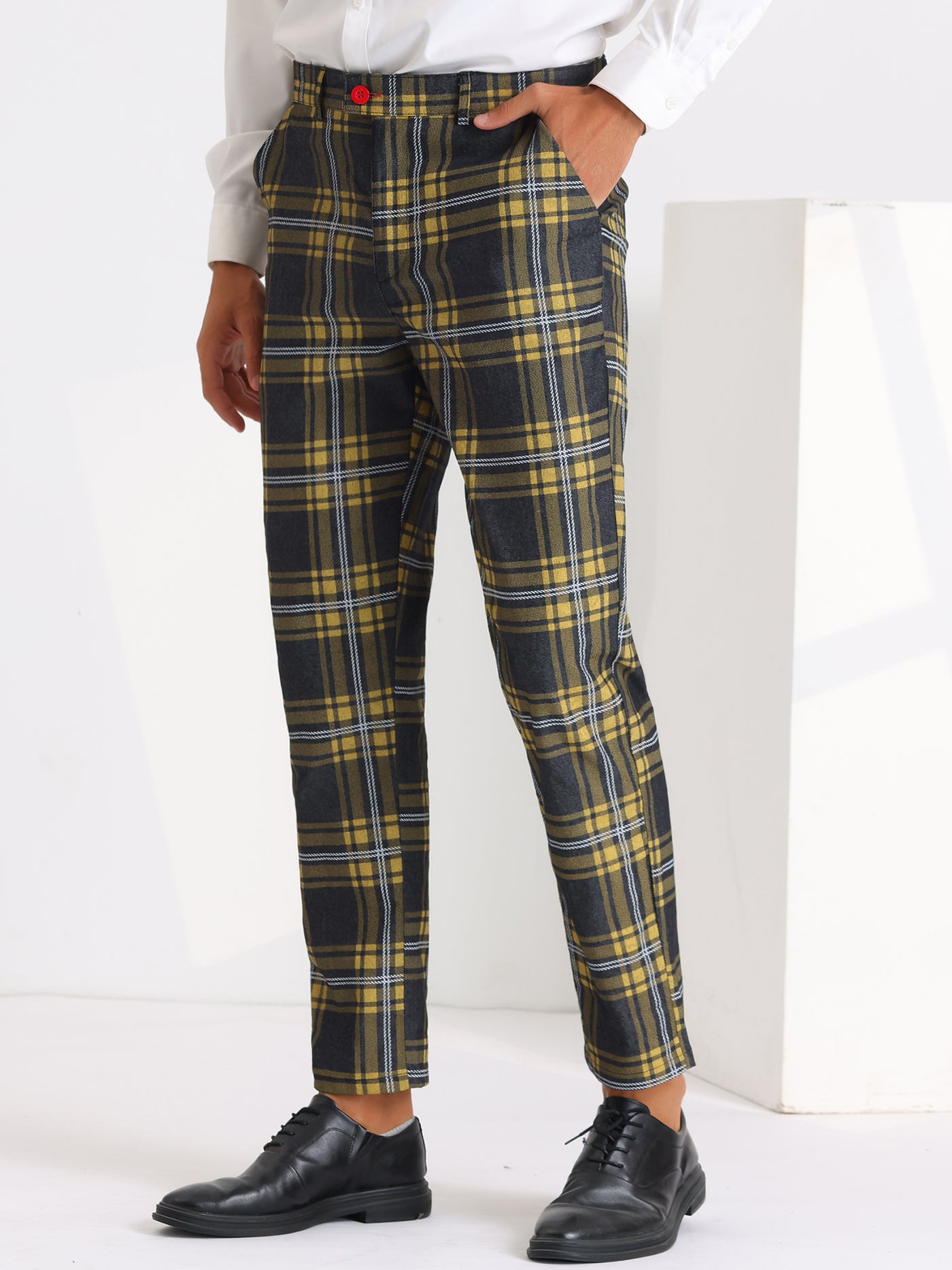 Bublédon Color Block Plaid Pants for Men's Slim Fit Flat Front Formal Checked Trousers