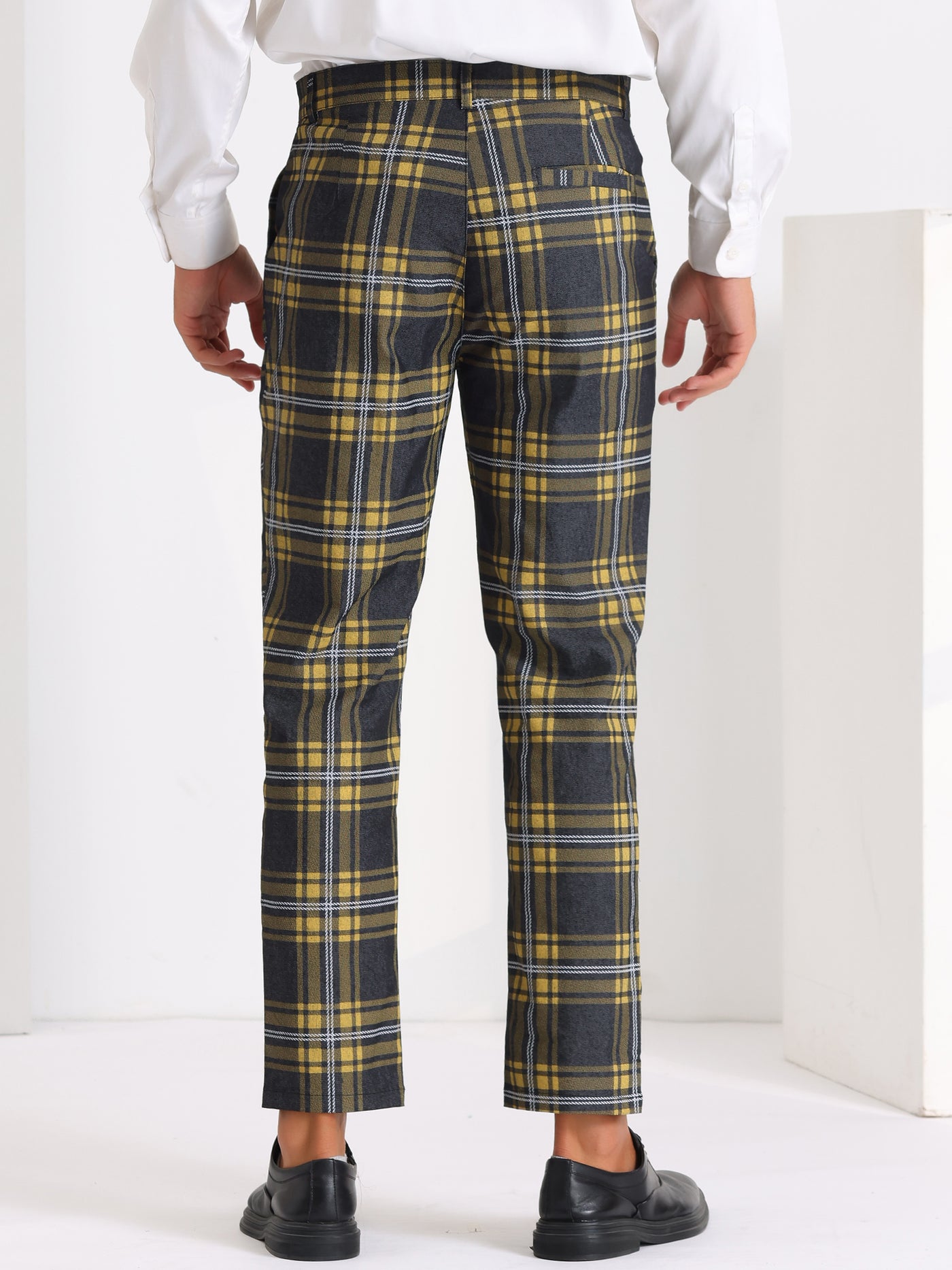 Bublédon Color Block Plaid Pants for Men's Slim Fit Flat Front Formal Checked Trousers