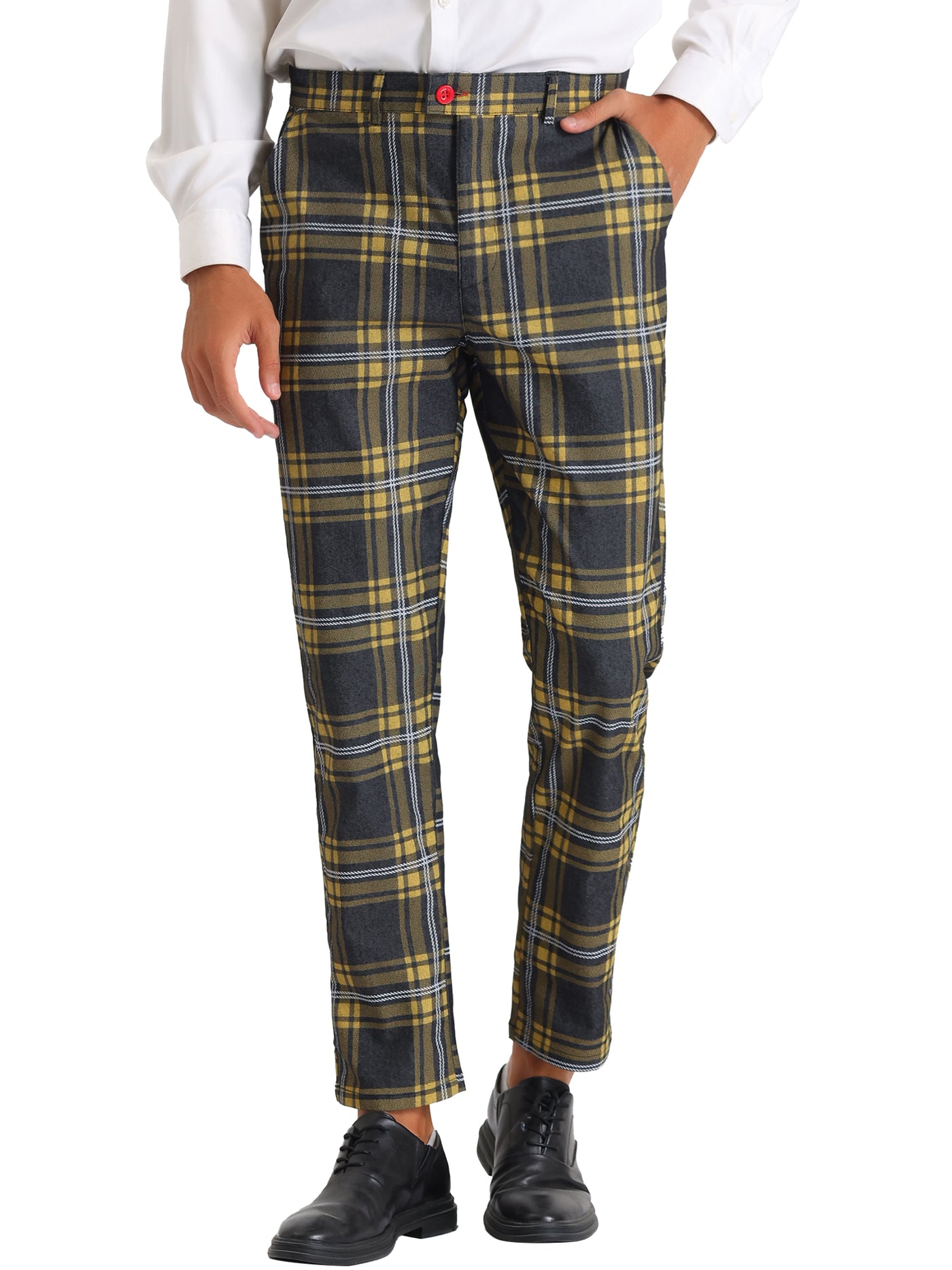 Bublédon Color Block Plaid Pants for Men's Slim Fit Flat Front Formal Checked Trousers