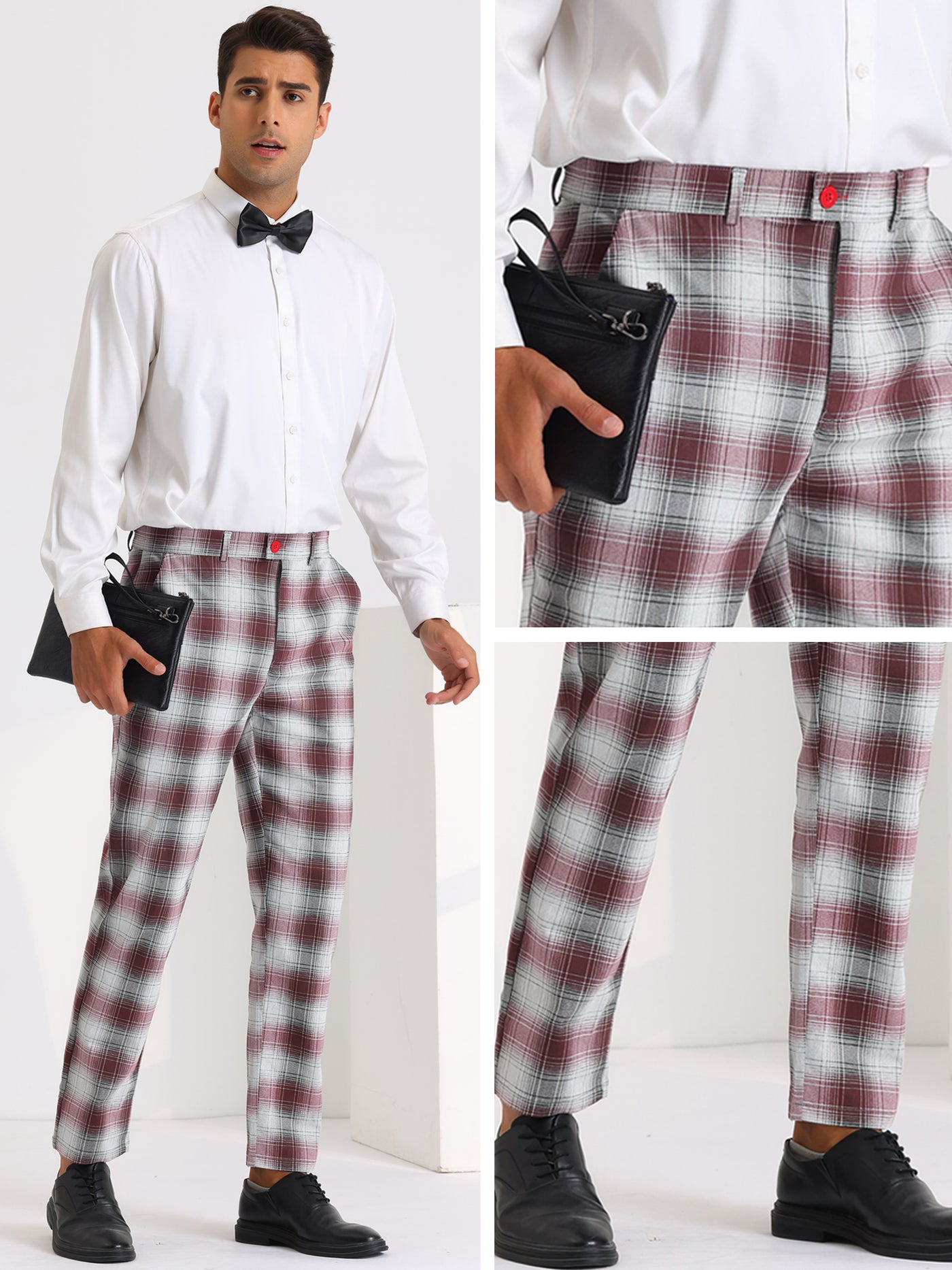 Bublédon Classic Checked Dress Pants for Men's Flat Front Plaid Pattern Trousers