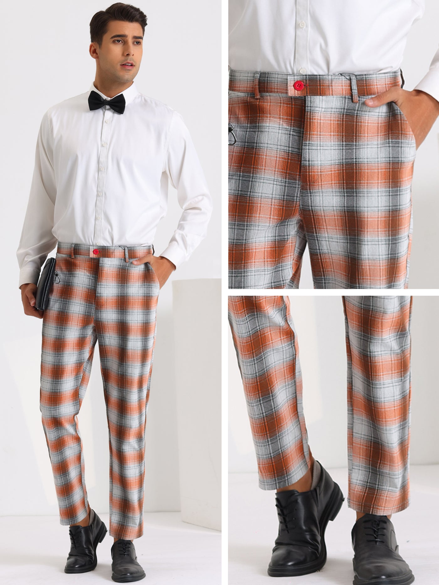 Bublédon Classic Checked Dress Pants for Men's Flat Front Plaid Pattern Trousers