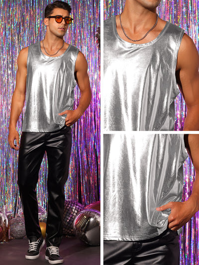 Metallic Tank Top for Men's Round Neck Shiny Disco Party Sleeveless T-Shirt Vest
