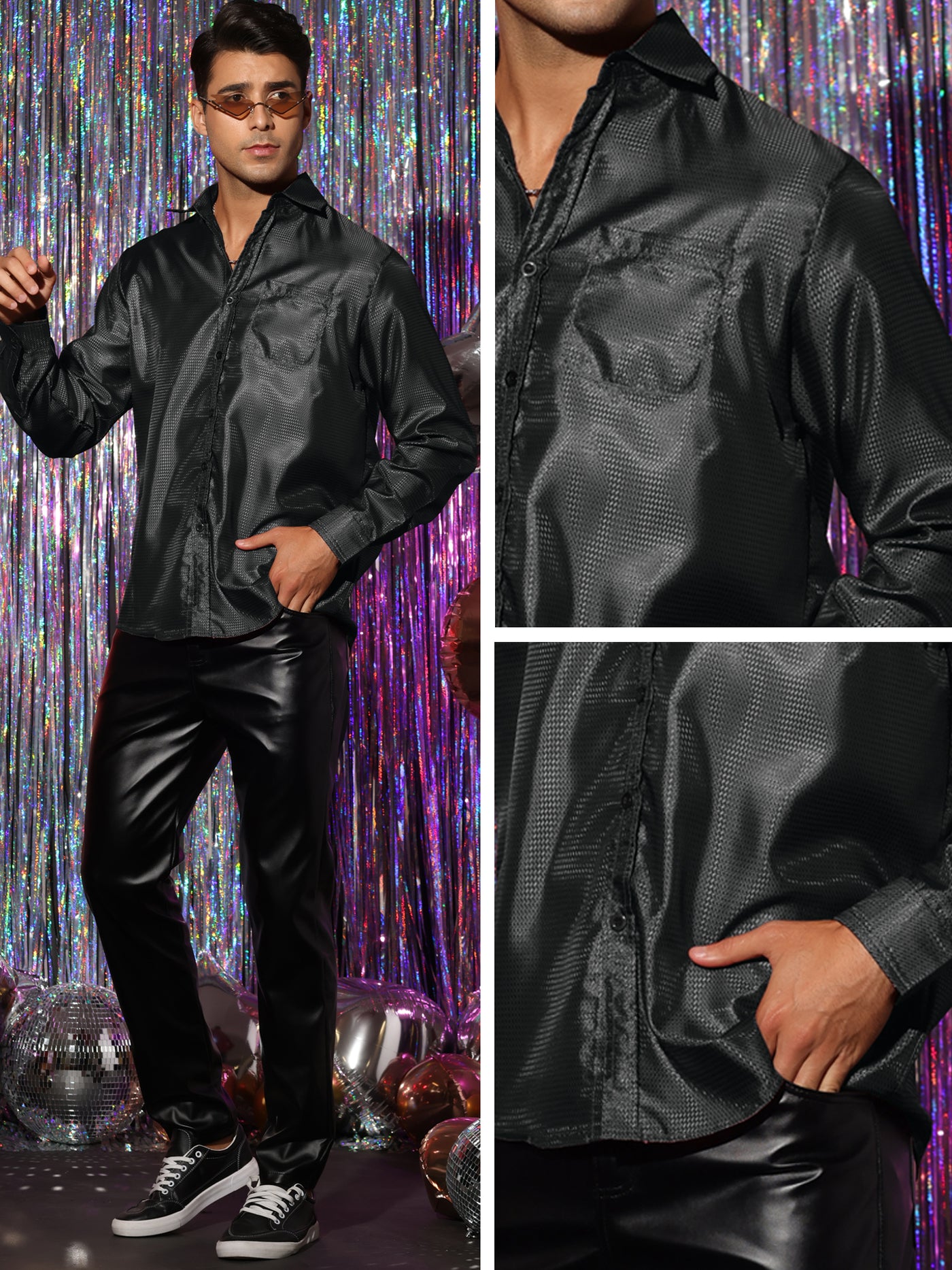 Bublédon Metallic Shirts for Men's Slim Fit Button Down Long Sleeves Prom Party Shirt