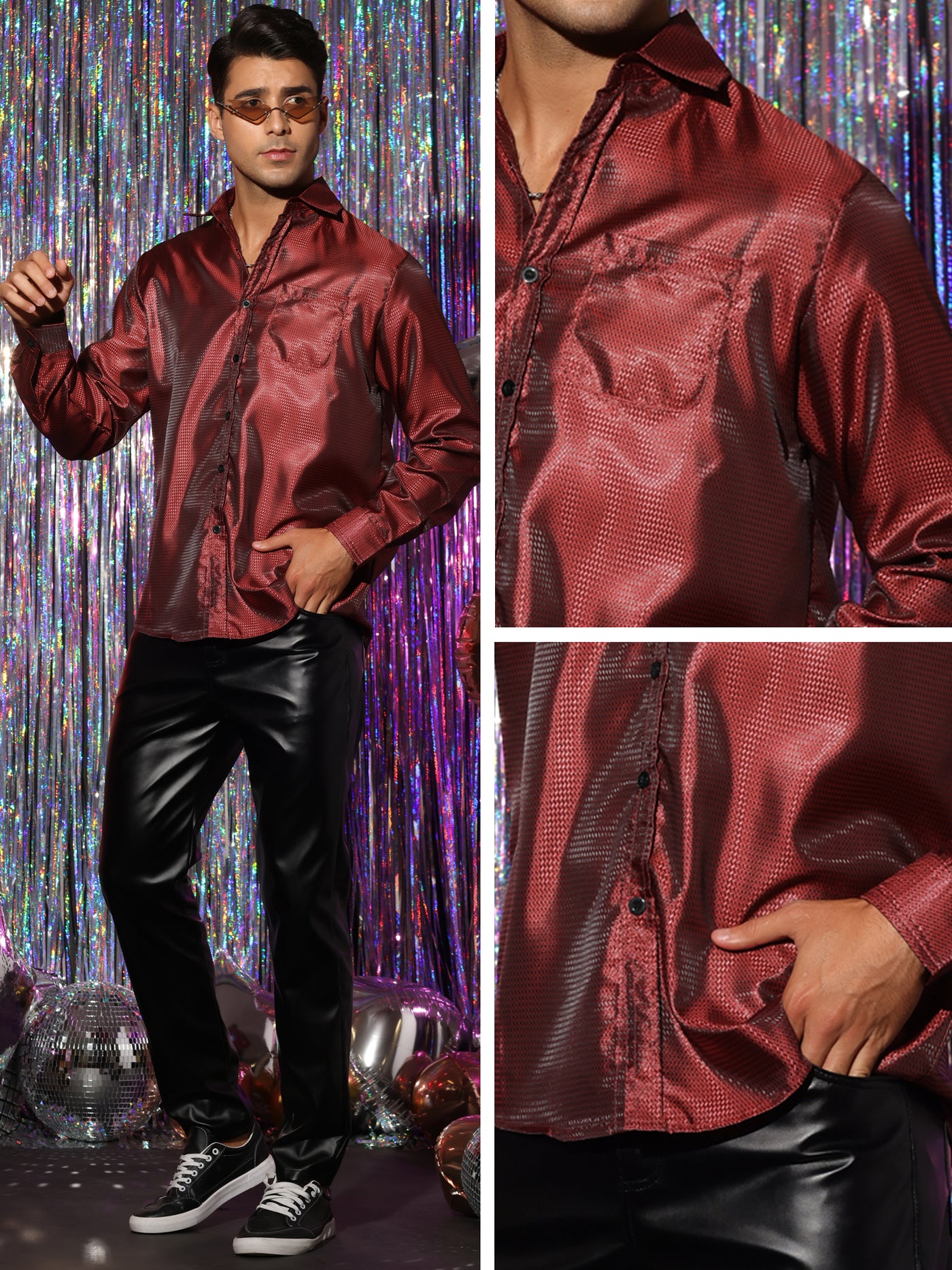 Bublédon Metallic Shirts for Men's Slim Fit Button Down Long Sleeves Prom Party Shirt