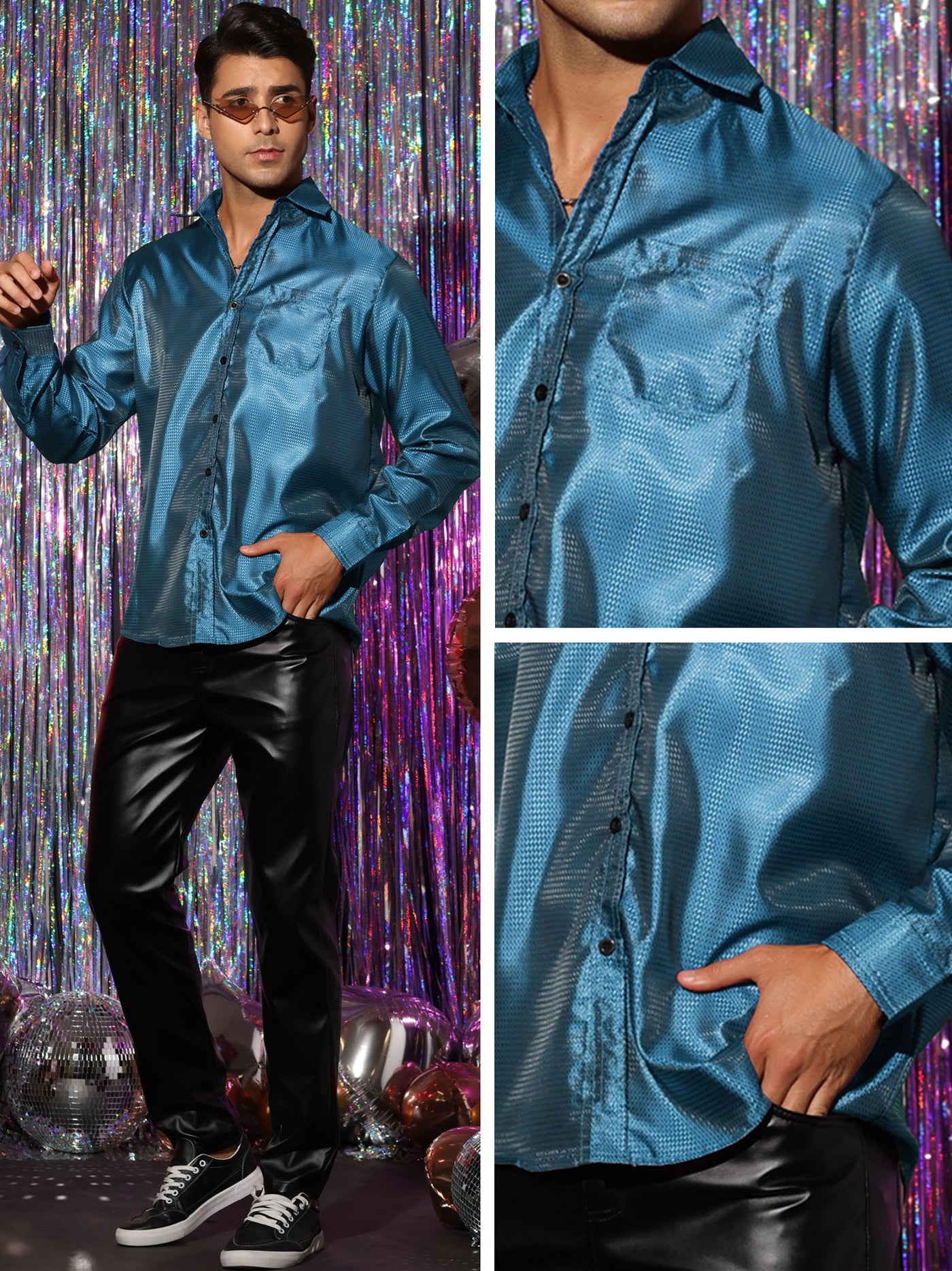 Bublédon Metallic Shirts for Men's Slim Fit Button Down Long Sleeves Prom Party Shirt