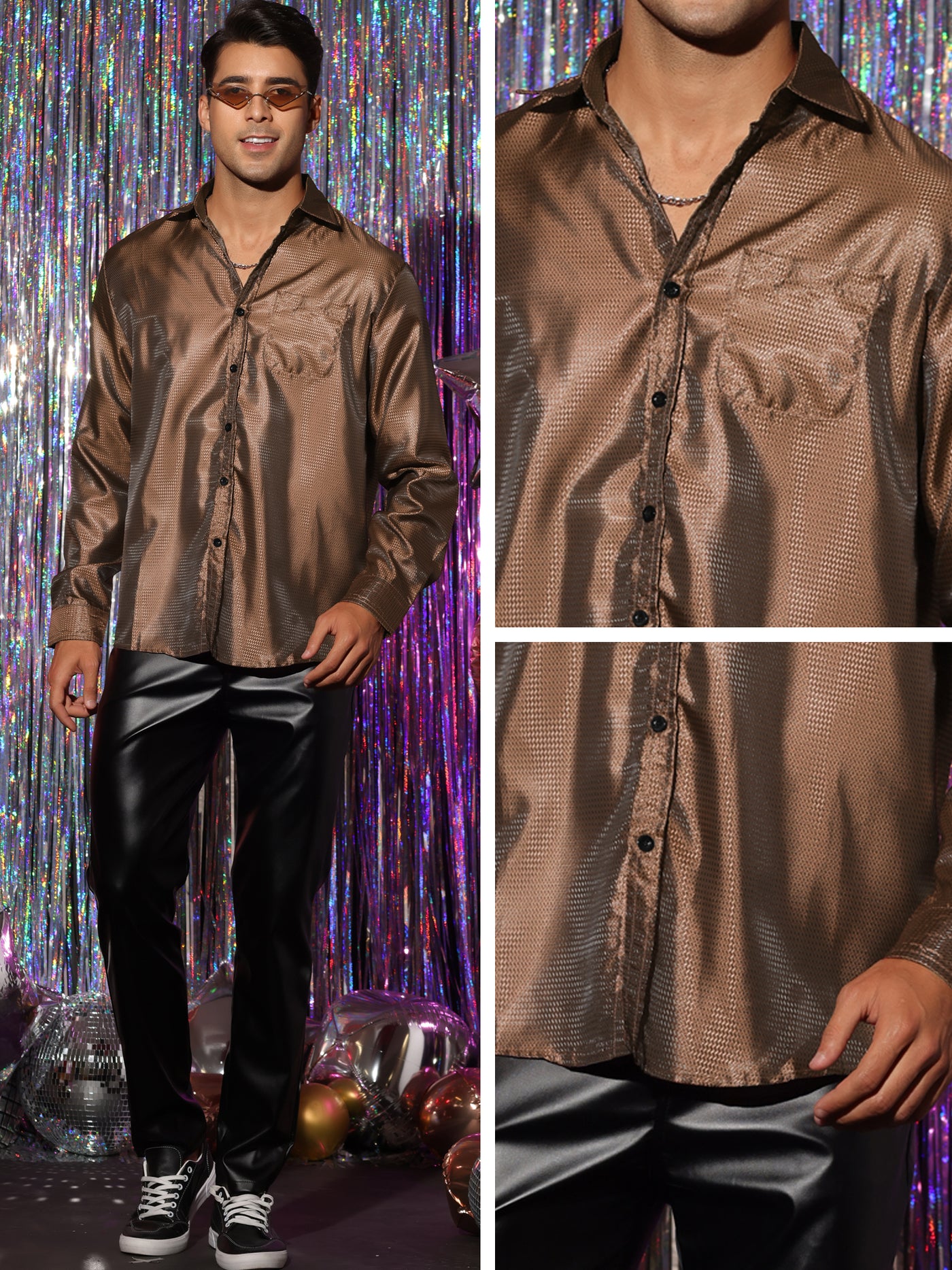 Bublédon Metallic Shirts for Men's Slim Fit Button Down Long Sleeves Prom Party Shirt