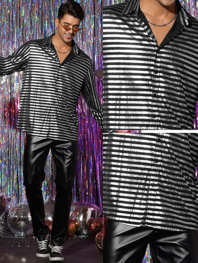 Striped Metallic Shirts for Men's Slim Fit Long Sleeves Prom Party Shirt