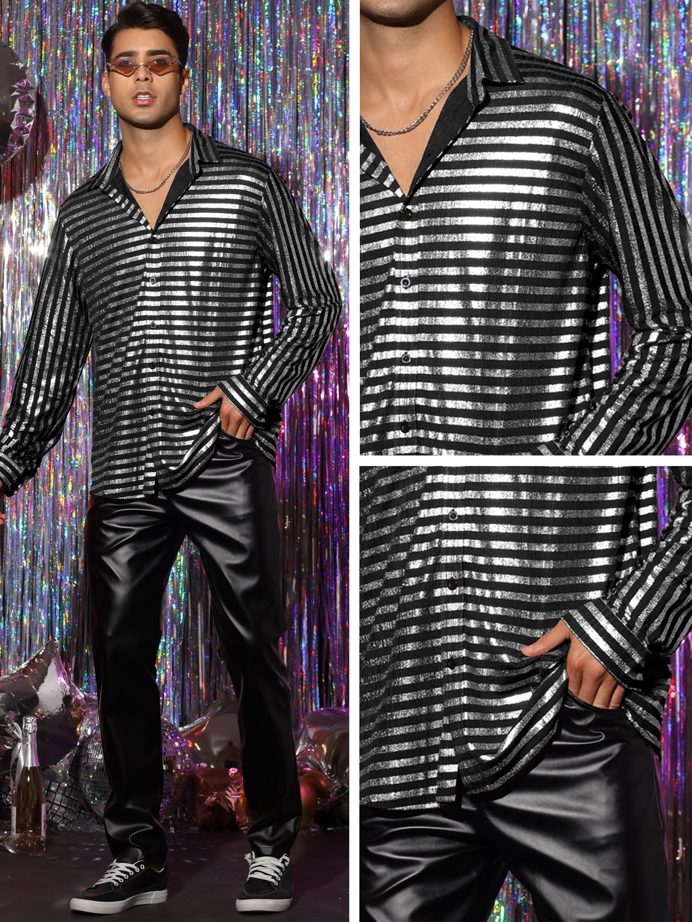 Bublédon Striped Metallic Shirts for Men's Slim Fit Long Sleeves Prom Party Shirt