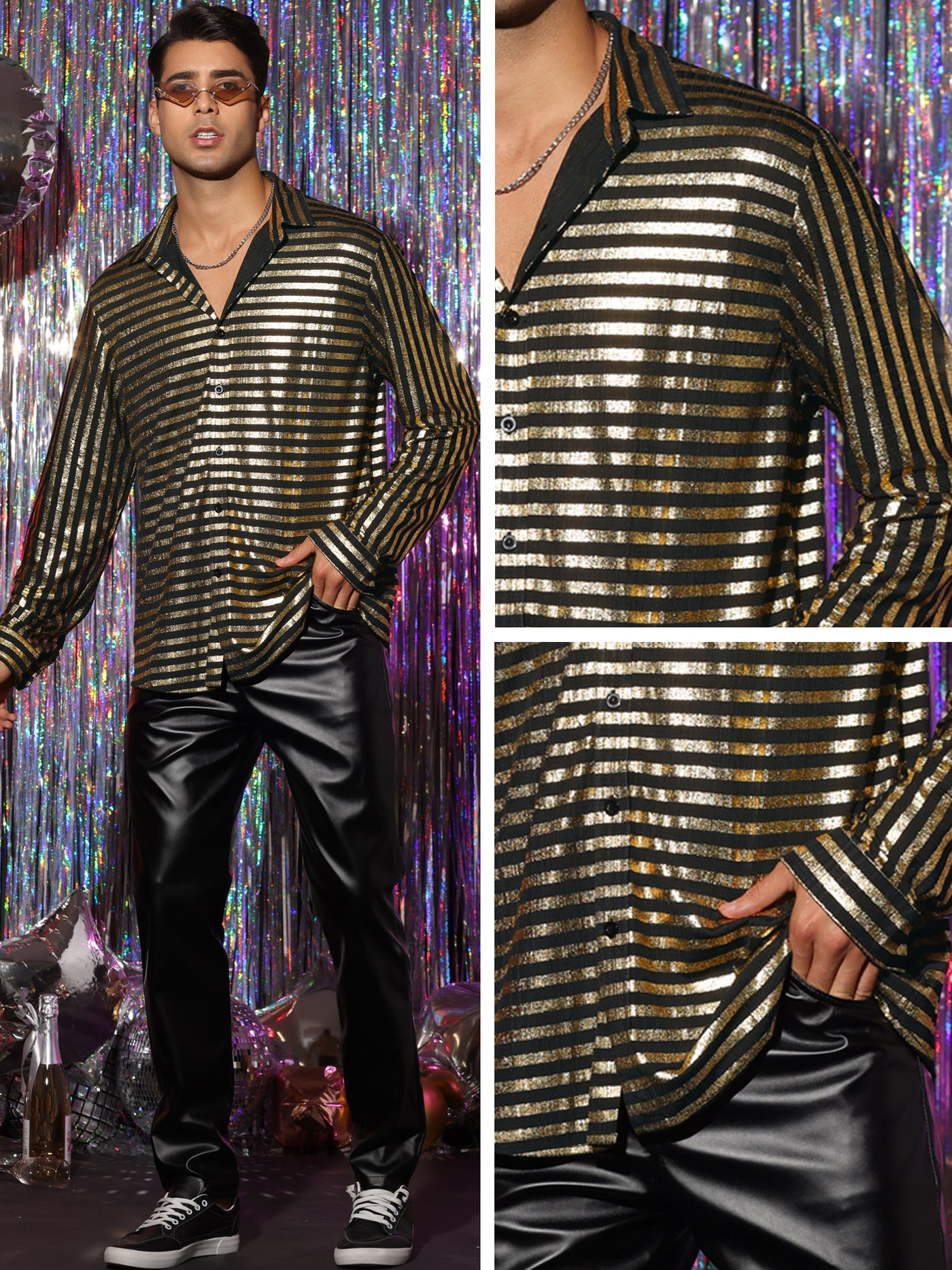 Bublédon Striped Metallic Shirts for Men's Slim Fit Long Sleeves Prom Party Shirt