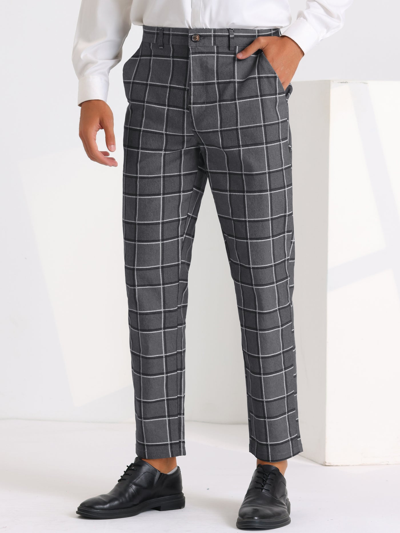 Bublédon Plaid Dress Pants for Men's Slim Fit Flat Front Business Tapered Checked Trousers