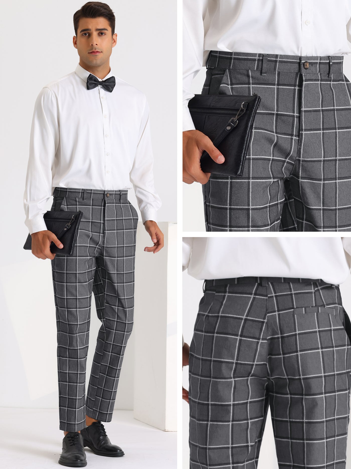 Bublédon Plaid Dress Pants for Men's Slim Fit Flat Front Business Tapered Checked Trousers