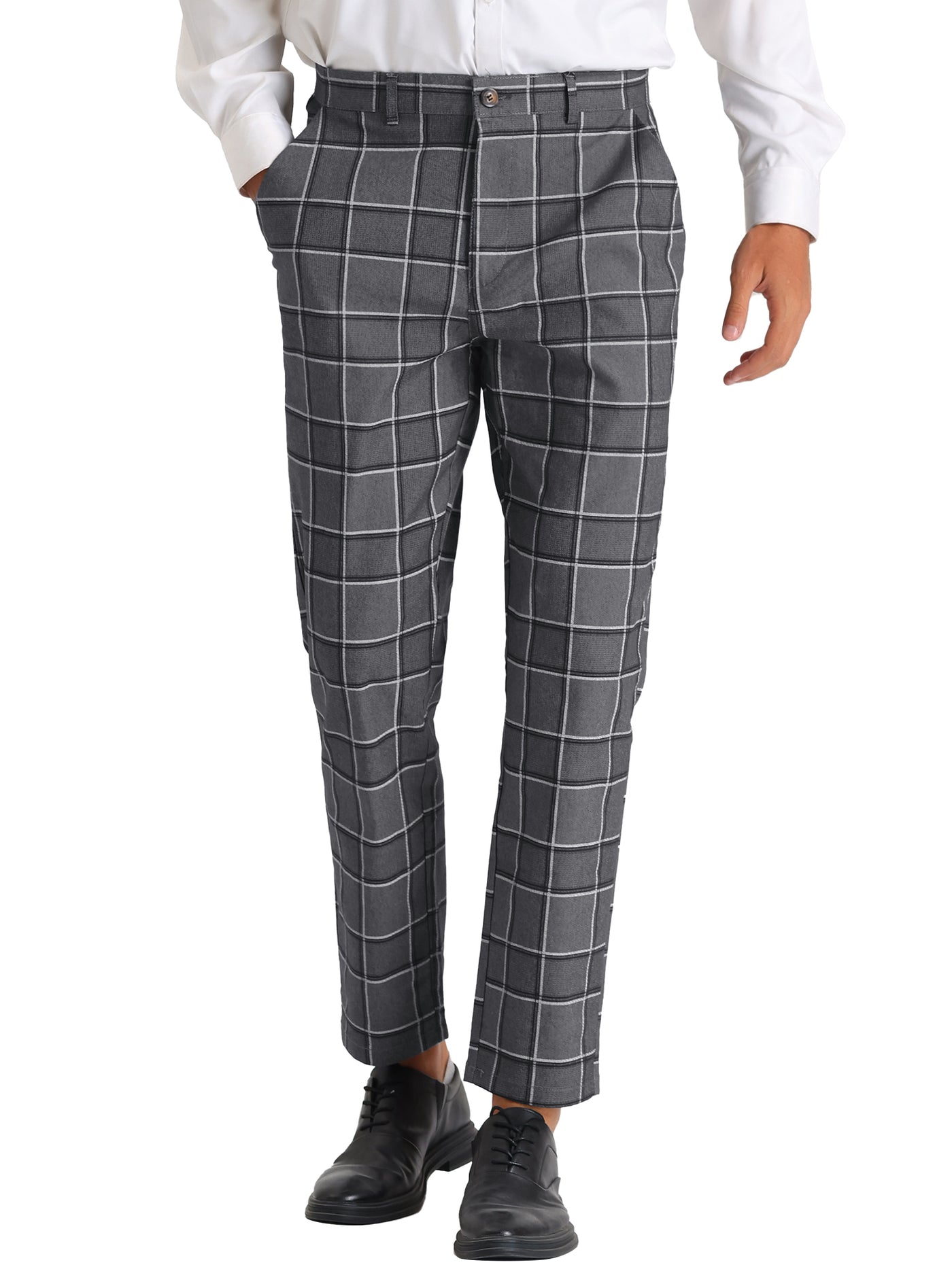 Bublédon Plaid Dress Pants for Men's Slim Fit Flat Front Business Tapered Checked Trousers