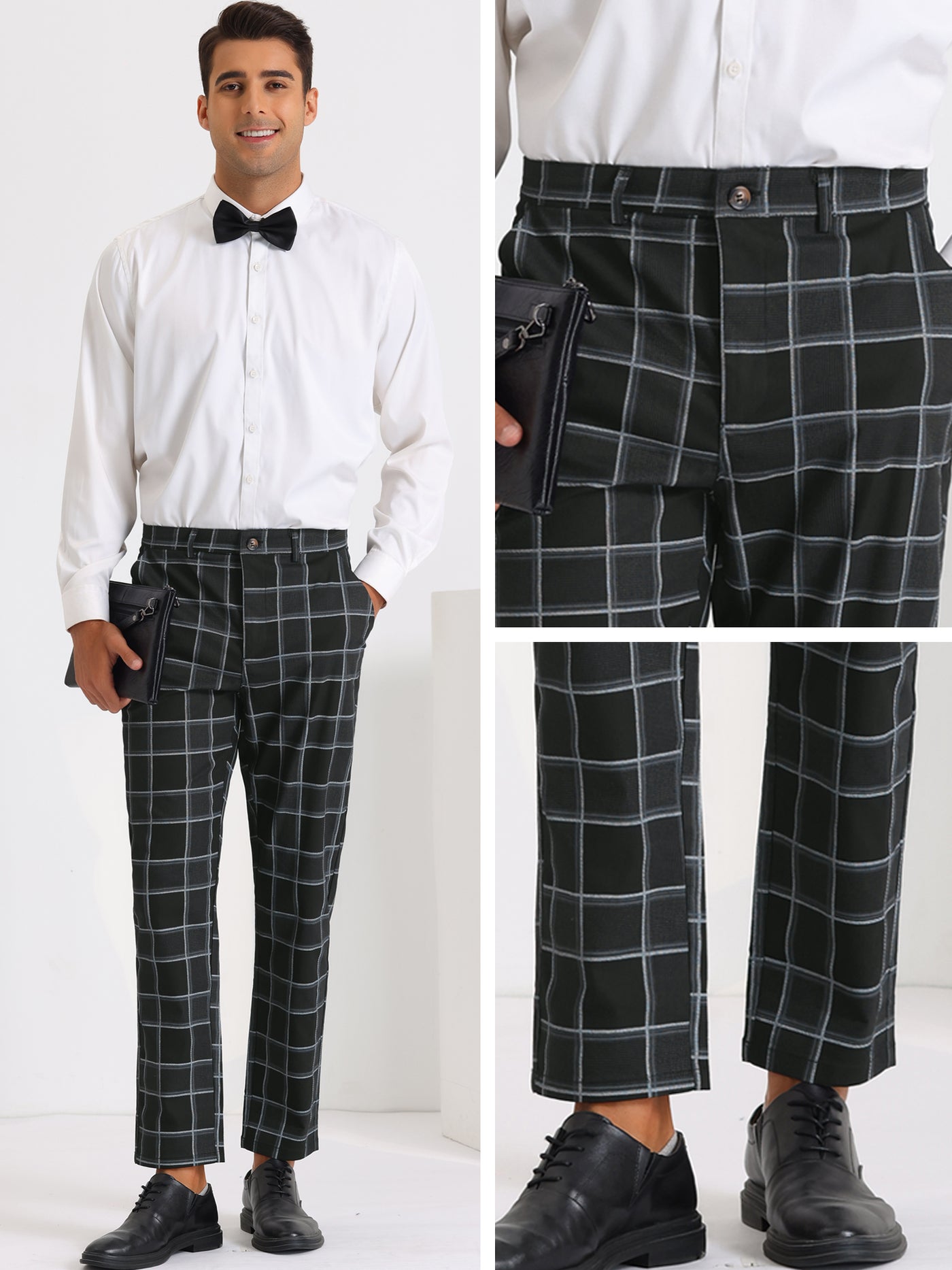 Bublédon Plaid Dress Pants for Men's Slim Fit Flat Front Business Tapered Checked Trousers