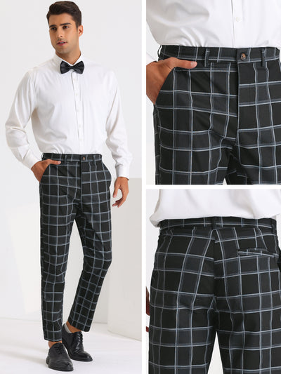 Plaid Dress Pants for Men's Slim Fit Flat Front Business Tapered Checked Trousers