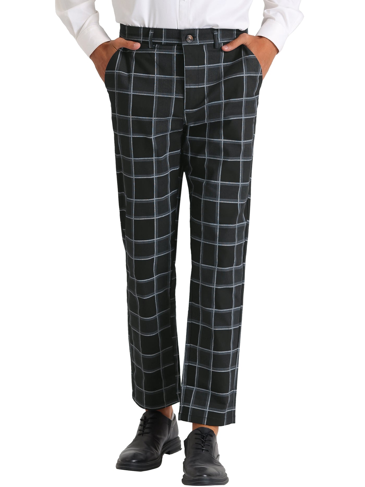 Bublédon Plaid Dress Pants for Men's Slim Fit Flat Front Business Tapered Checked Trousers