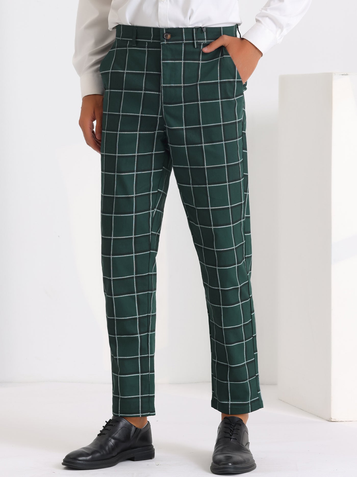 Bublédon Plaid Dress Pants for Men's Slim Fit Flat Front Business Tapered Checked Trousers