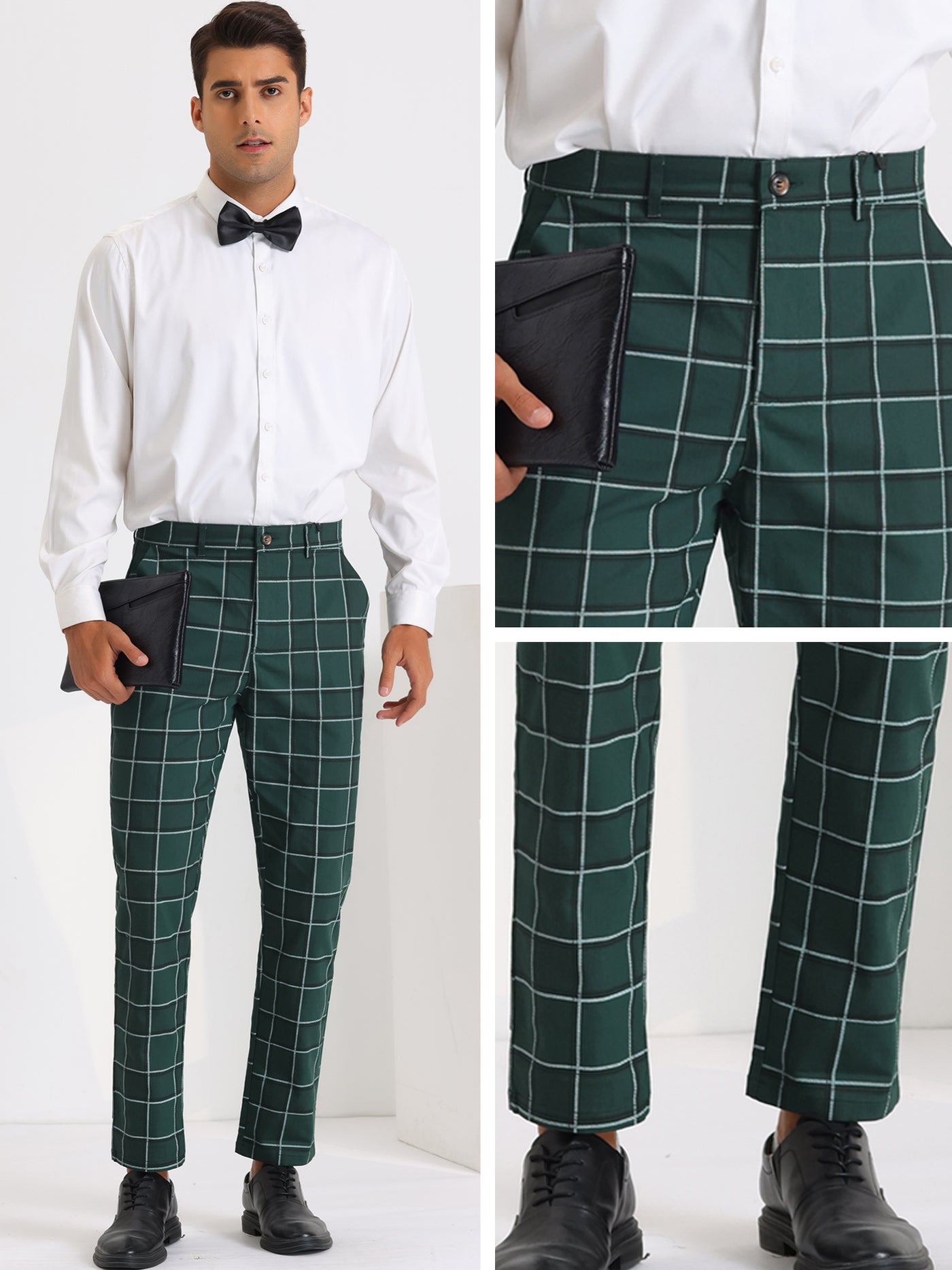 Bublédon Plaid Dress Pants for Men's Slim Fit Flat Front Business Tapered Checked Trousers