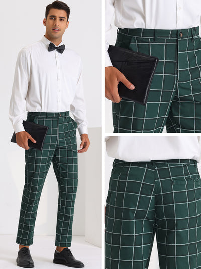 Plaid Dress Pants for Men's Slim Fit Flat Front Business Tapered Checked Trousers