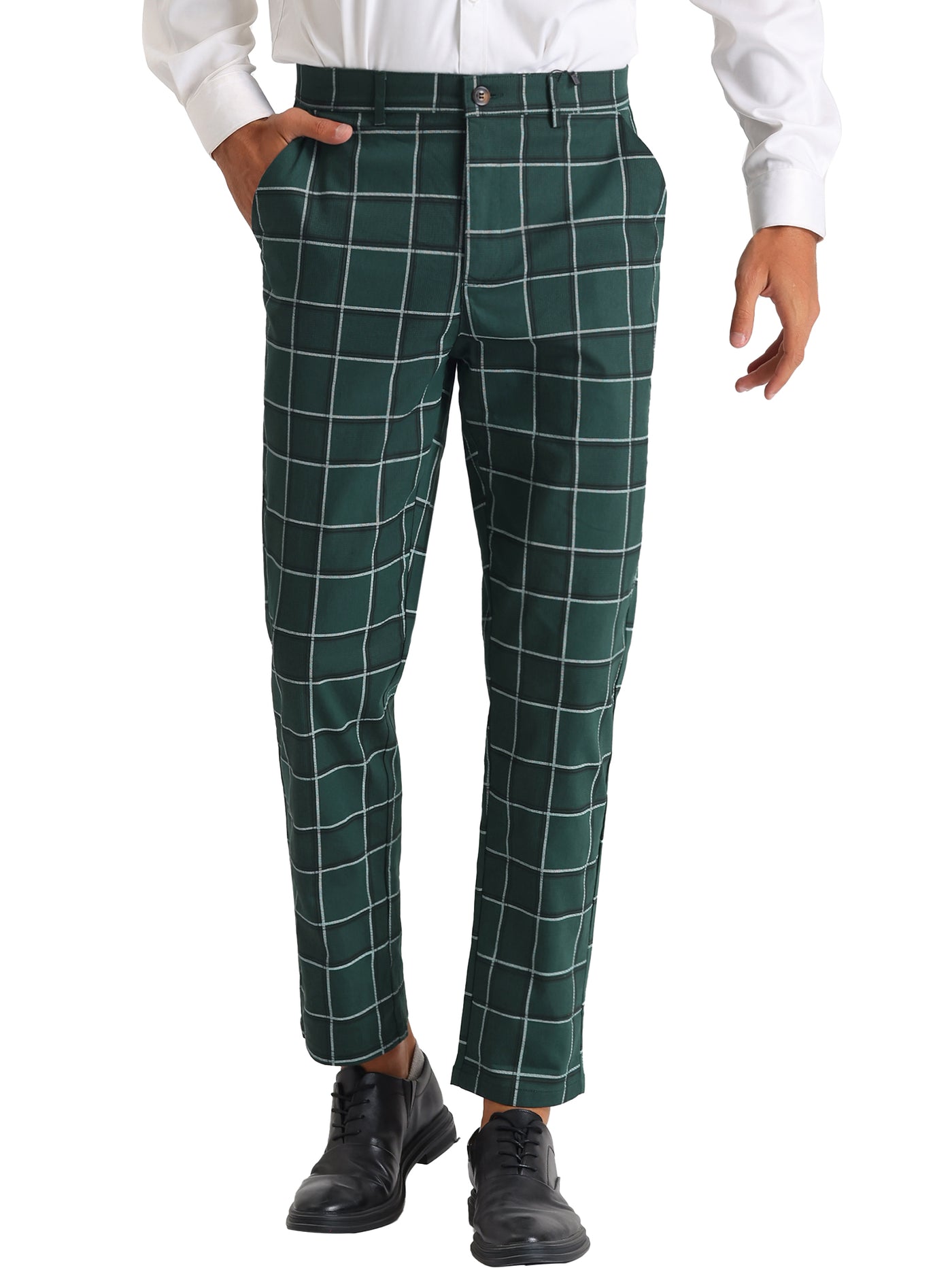 Bublédon Plaid Dress Pants for Men's Slim Fit Flat Front Business Tapered Checked Trousers