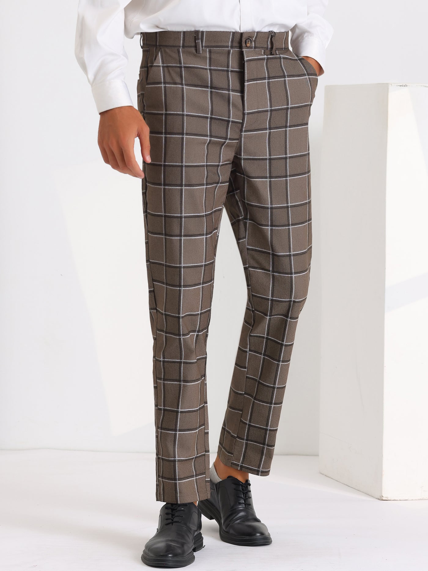 Bublédon Plaid Dress Pants for Men's Slim Fit Flat Front Business Tapered Checked Trousers