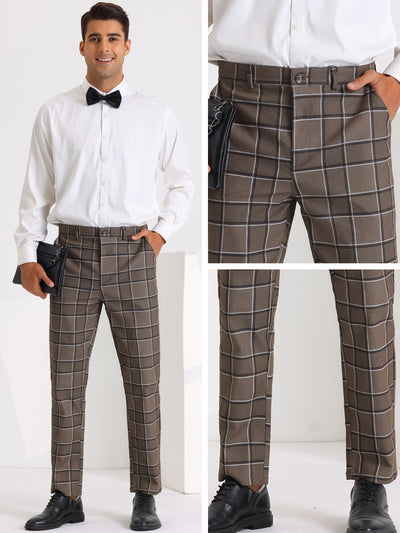 Plaid Dress Pants for Men's Slim Fit Flat Front Business Tapered Checked Trousers