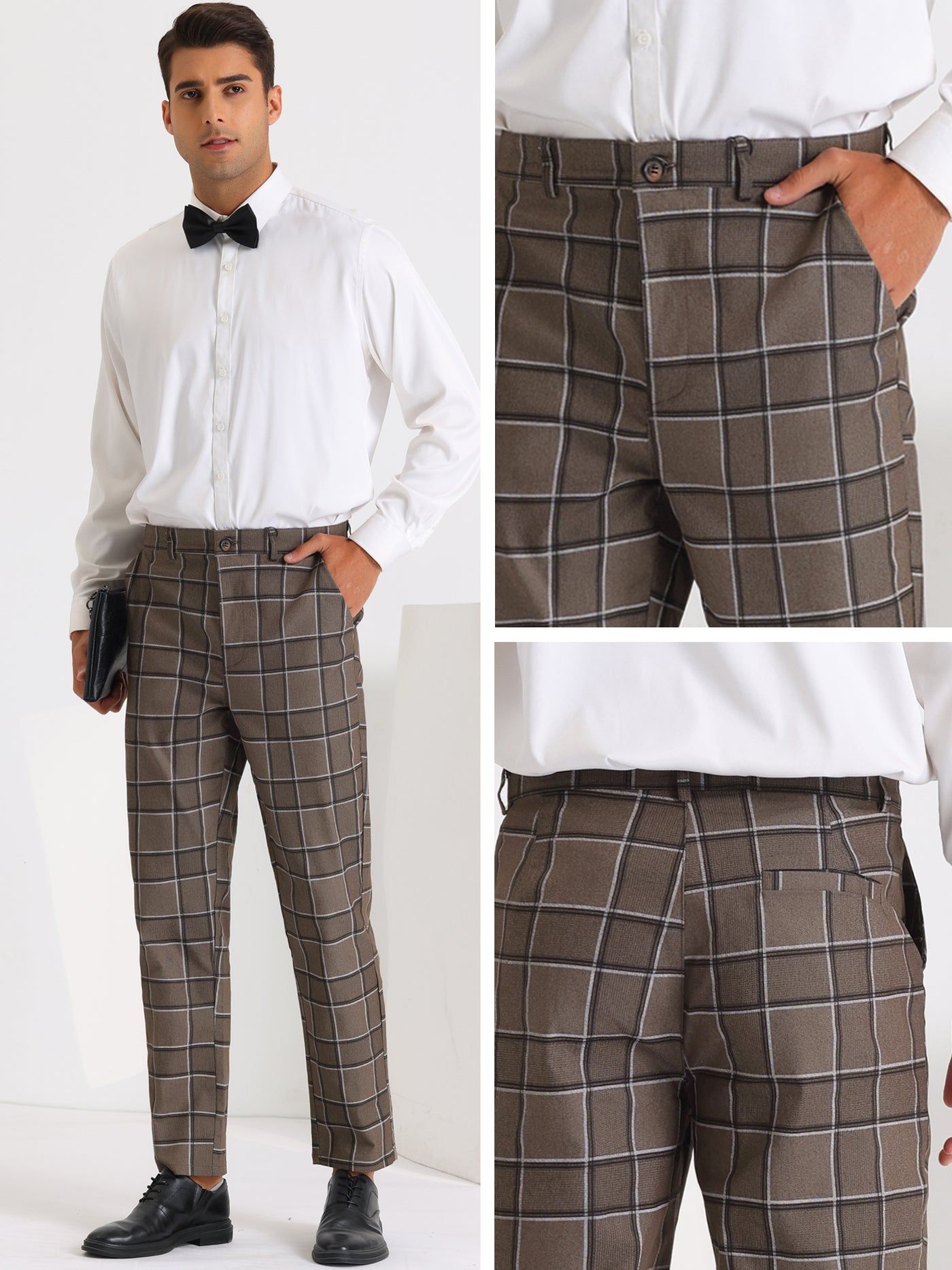 Bublédon Plaid Dress Pants for Men's Slim Fit Flat Front Business Tapered Checked Trousers