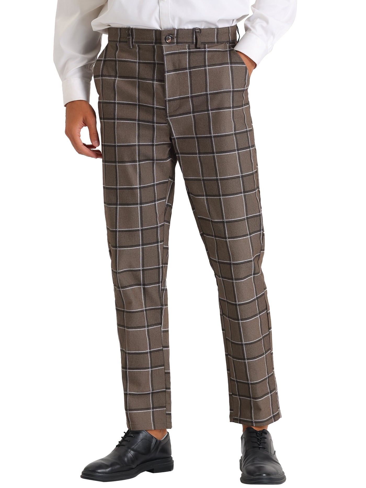 Bublédon Plaid Dress Pants for Men's Slim Fit Flat Front Business Tapered Checked Trousers