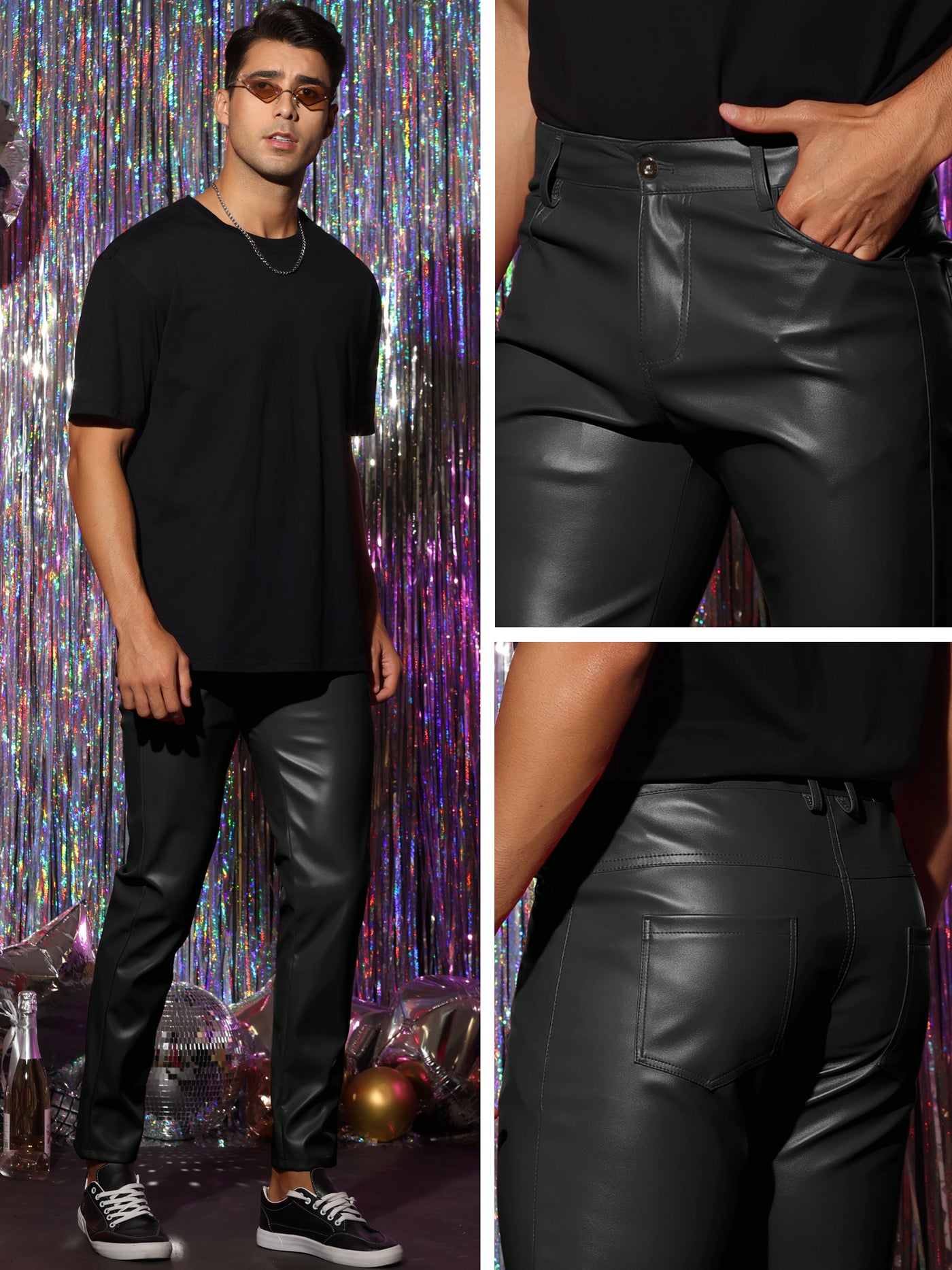 Bublédon Faux Leather Pants for Men's Slim Fit Hip Hop Nightclub Disco Party Trousers