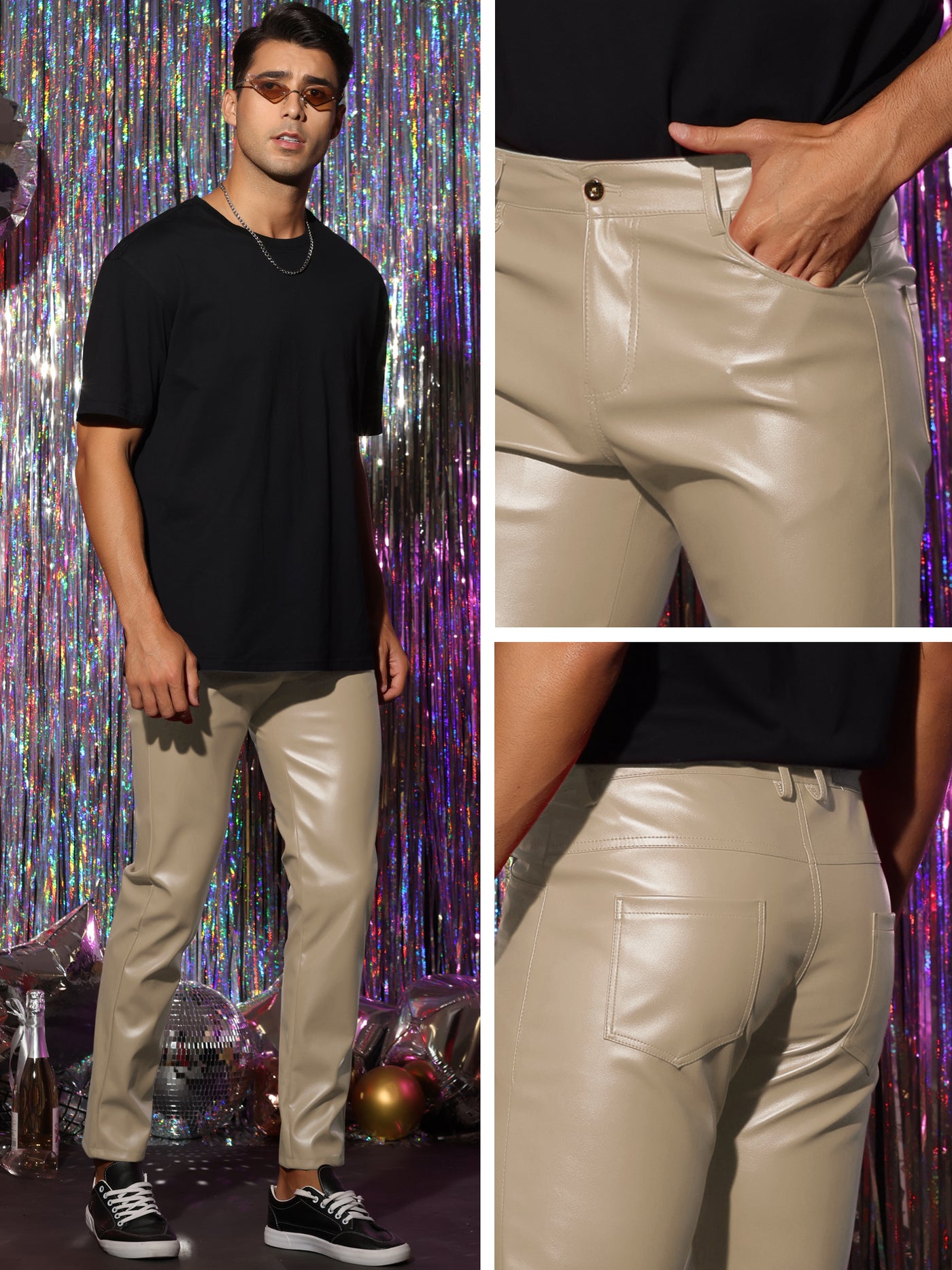 Bublédon Faux Leather Pants for Men's Slim Fit Hip Hop Nightclub Disco Party Trousers